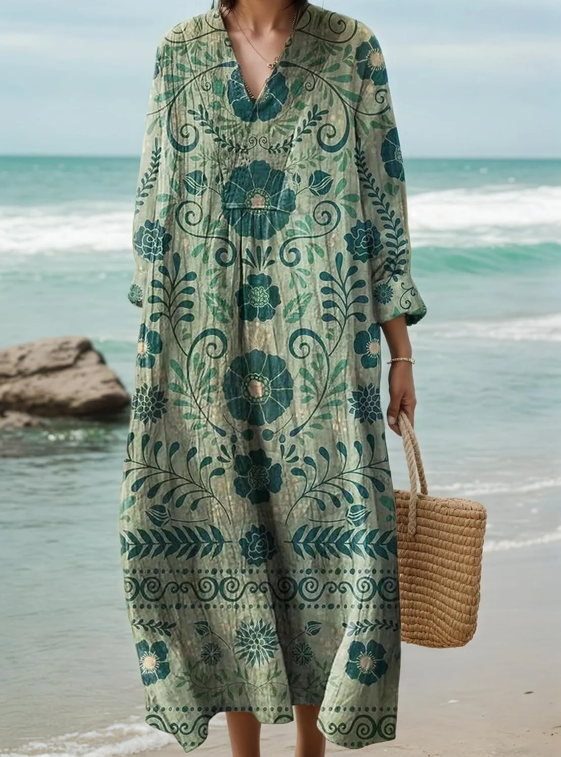 Womens Casual Boho Floral V Neck Long Sleeve Midi Dress Spring Summer Loose Swing Flowy Plus Size Dresses with Pockets