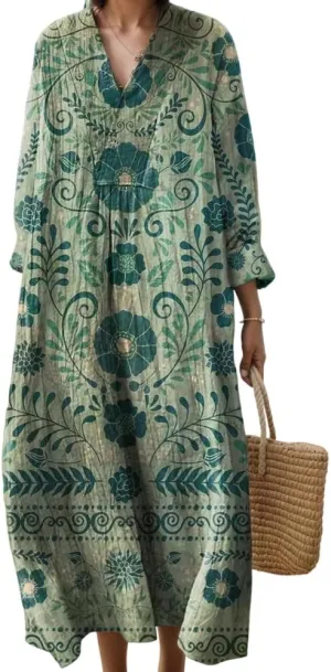 Womens Casual Boho Floral V Neck Long Sleeve Midi Dress Spring Summer Loose Swing Flowy Plus Size Dresses with Pockets