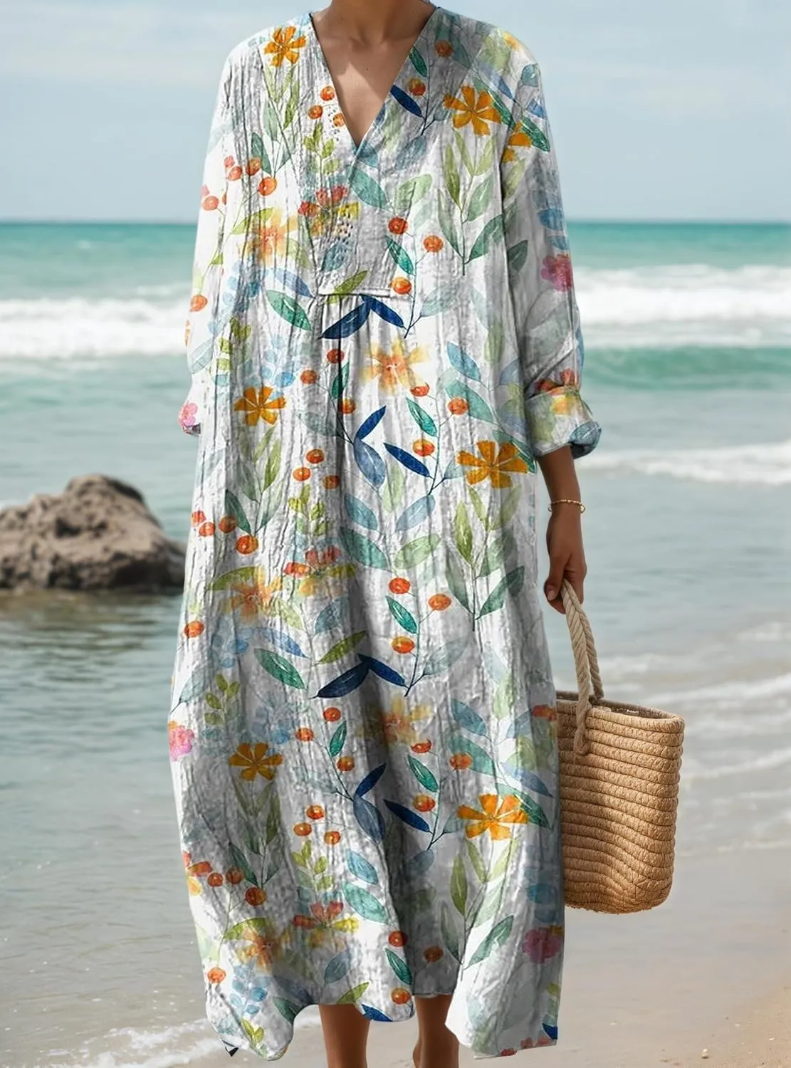 Womens Casual Boho Floral V Neck Long Sleeve Midi Dress Spring Summer Loose Swing Flowy Plus Size Dresses with Pockets