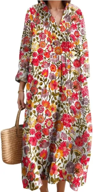 Womens Casual Boho Floral V Neck Long Sleeve Midi Dress Spring Summer Loose Swing Flowy Plus Size Dresses with Pockets