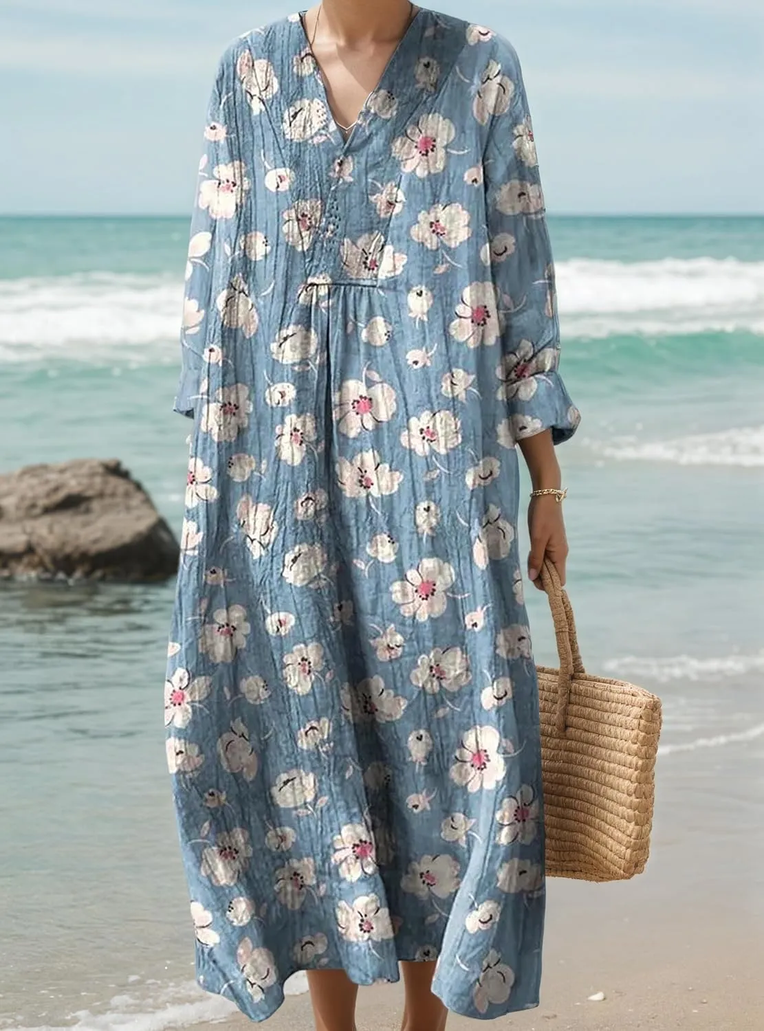 Womens Casual Boho Floral V Neck Long Sleeve Midi Dress Spring Summer Loose Swing Flowy Plus Size Dresses with Pockets