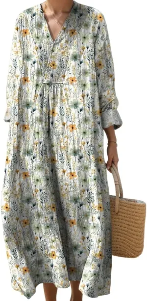 Womens Casual Boho Floral V Neck Long Sleeve Midi Dress Spring Summer Loose Swing Flowy Plus Size Dresses with Pockets