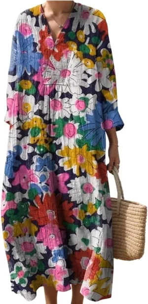 Womens Casual Boho Floral V Neck Long Sleeve Midi Dress Spring Summer Loose Swing Flowy Plus Size Dresses with Pockets