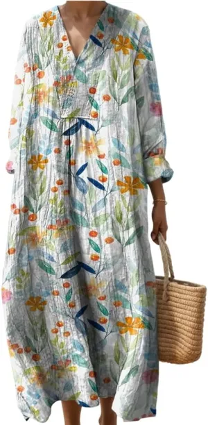 Womens Casual Boho Floral V Neck Long Sleeve Midi Dress Spring Summer Loose Swing Flowy Plus Size Dresses with Pockets