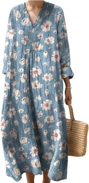 Womens Casual Boho Floral V Neck Long Sleeve Midi Dress Spring Summer Loose Swing Flowy Plus Size Dresses with Pockets