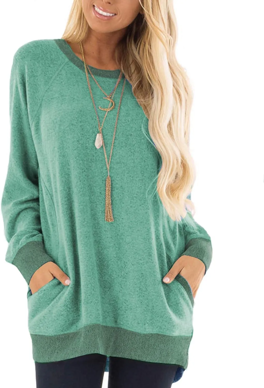 Womens Casual Color Block Long Sleeve Round Neck Pocket T Shirts Blouses Sweatshirts Tops