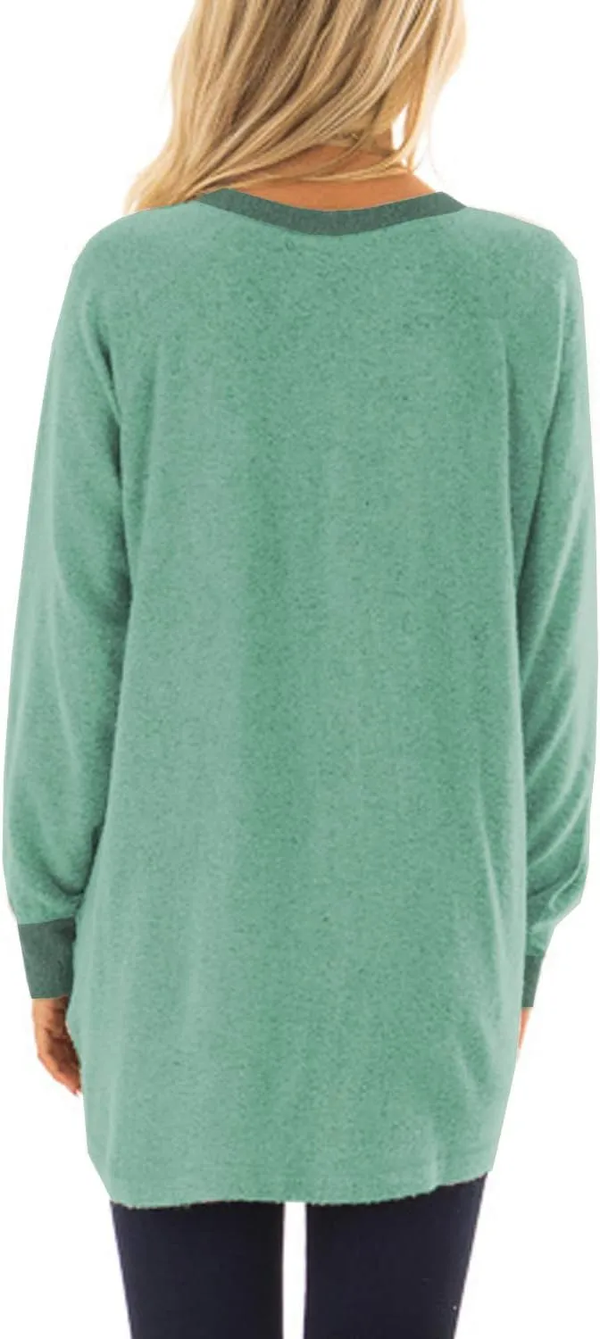 Womens Casual Color Block Long Sleeve Round Neck Pocket T Shirts Blouses Sweatshirts Tops