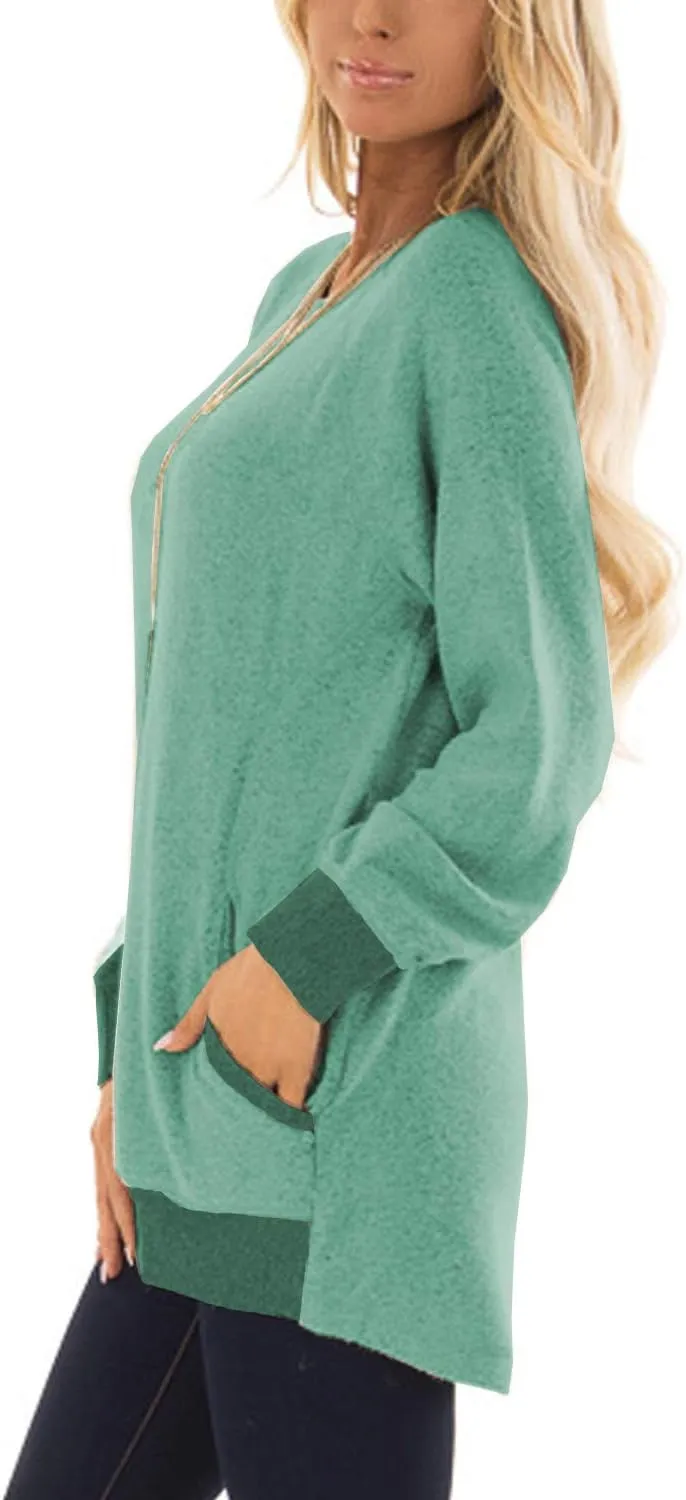 Womens Casual Color Block Long Sleeve Round Neck Pocket T Shirts Blouses Sweatshirts Tops