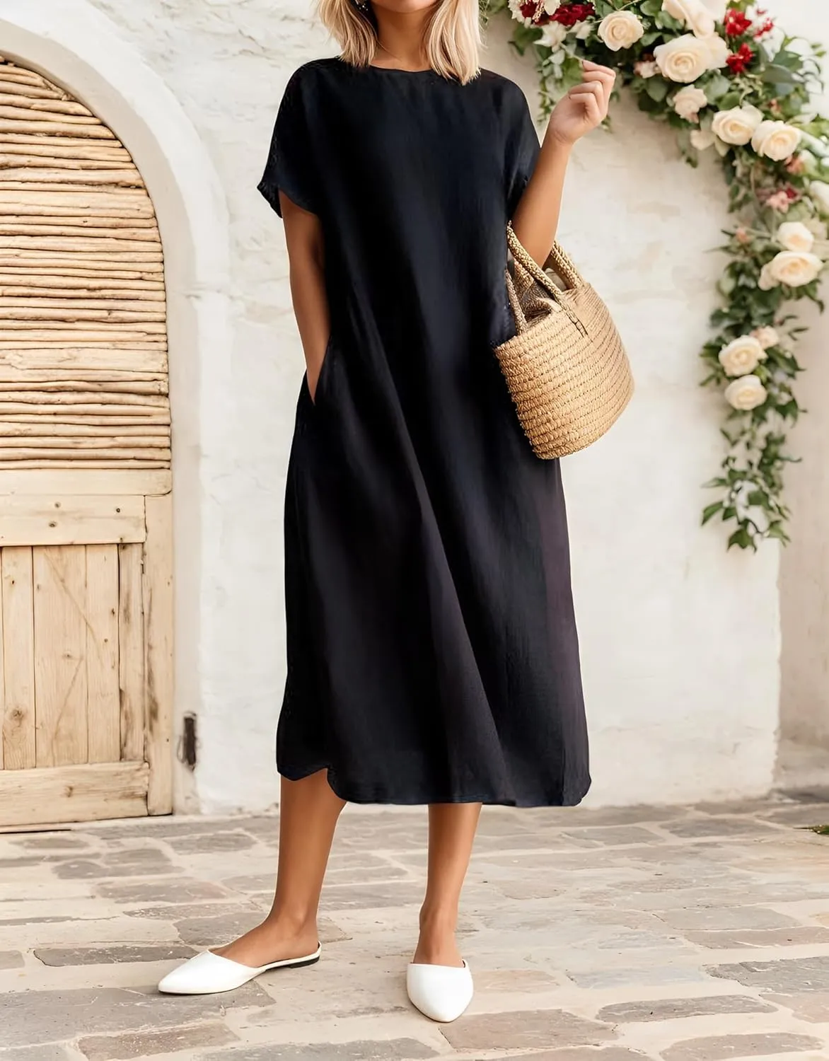 Women's Casual Cotton Linen Crew Neck Short Sleeve Dress Spring Summer Loose Tunic Plus Size Midi Dresses with Pockets