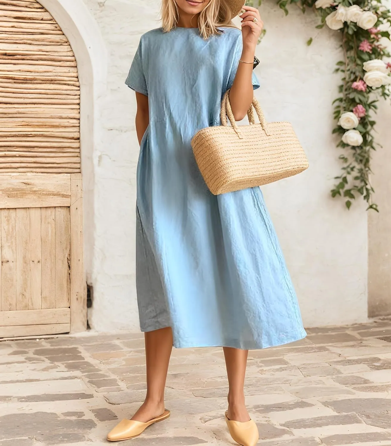Women's Casual Cotton Linen Crew Neck Short Sleeve Dress Spring Summer Loose Tunic Plus Size Midi Dresses with Pockets