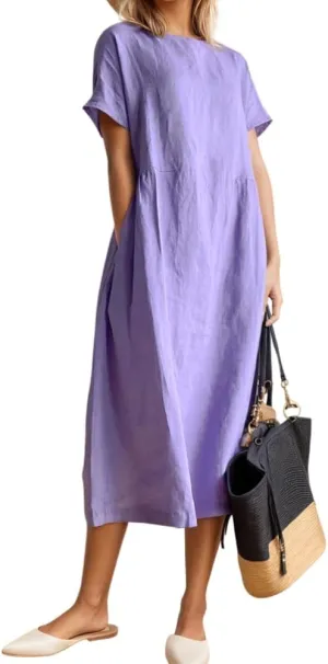 Women's Casual Cotton Linen Crew Neck Short Sleeve Dress Spring Summer Loose Tunic Plus Size Midi Dresses with Pockets