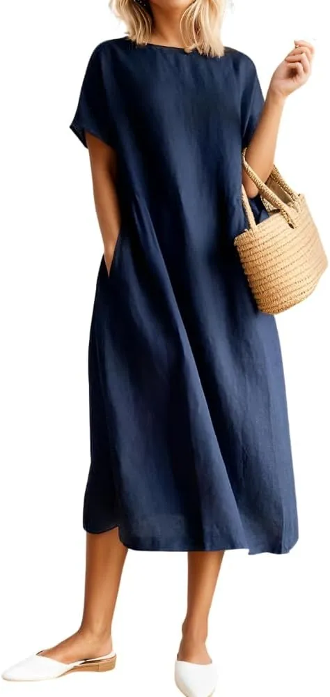 Women's Casual Cotton Linen Crew Neck Short Sleeve Dress Spring Summer Loose Tunic Plus Size Midi Dresses with Pockets
