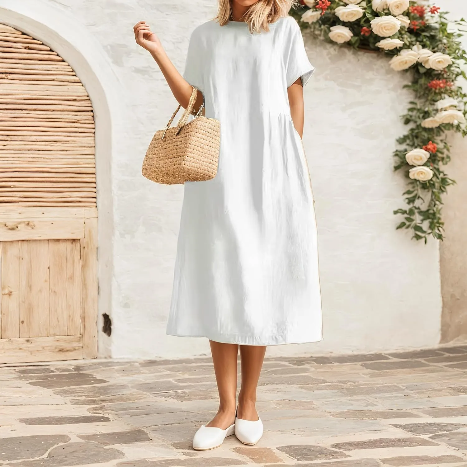 Women's Casual Cotton Linen Crew Neck Short Sleeve Dress Spring Summer Loose Tunic Plus Size Midi Dresses with Pockets