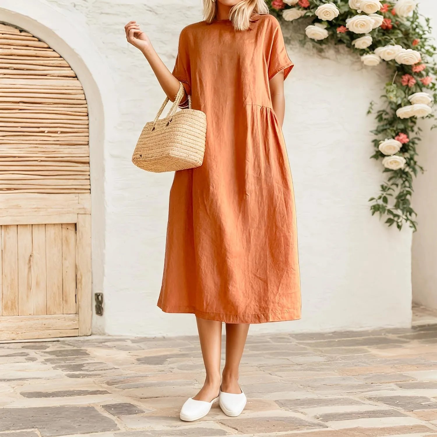 Women's Casual Cotton Linen Crew Neck Short Sleeve Dress Spring Summer Loose Tunic Plus Size Midi Dresses with Pockets