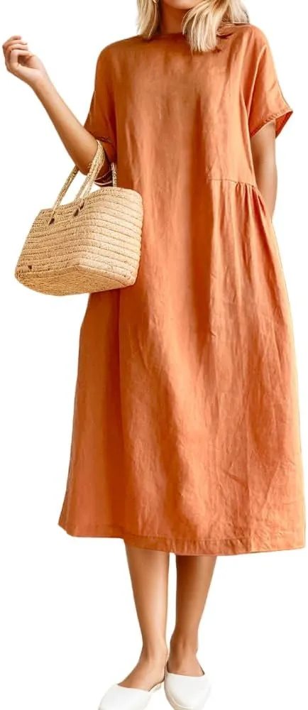 Women's Casual Cotton Linen Crew Neck Short Sleeve Dress Spring Summer Loose Tunic Plus Size Midi Dresses with Pockets