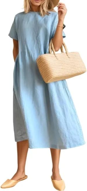 Women's Casual Cotton Linen Crew Neck Short Sleeve Dress Spring Summer Loose Tunic Plus Size Midi Dresses with Pockets