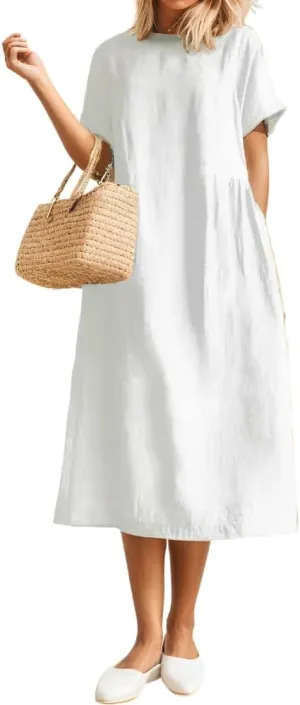 Women's Casual Cotton Linen Crew Neck Short Sleeve Dress Spring Summer Loose Tunic Plus Size Midi Dresses with Pockets