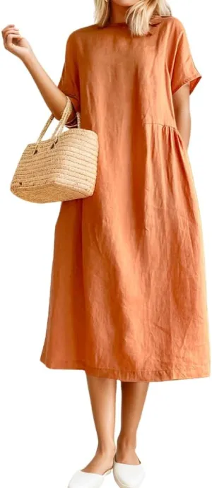 Women's Casual Cotton Linen Crew Neck Short Sleeve Dress Spring Summer Loose Tunic Plus Size Midi Dresses with Pockets