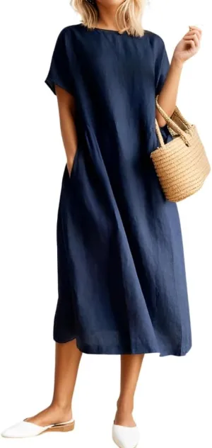 Women's Casual Cotton Linen Crew Neck Short Sleeve Dress Spring Summer Loose Tunic Plus Size Midi Dresses with Pockets
