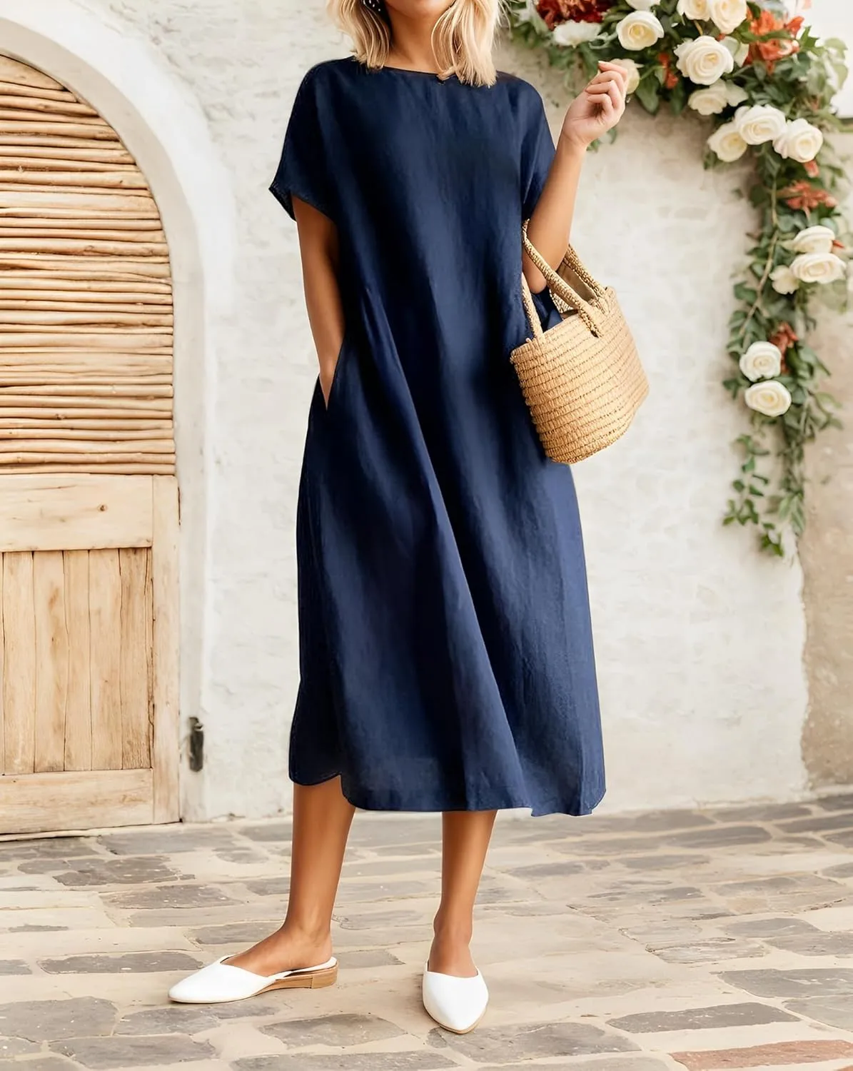 Women's Casual Cotton Linen Crew Neck Short Sleeve Dress Spring Summer Loose Tunic Plus Size Midi Dresses with Pockets