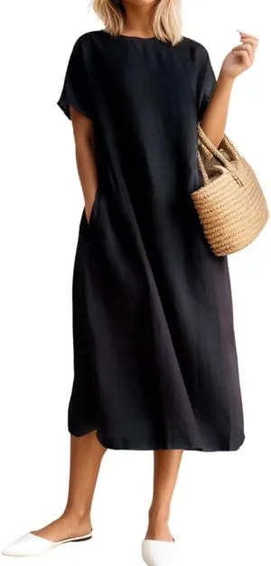 Women's Casual Cotton Linen Crew Neck Short Sleeve Dress Spring Summer Loose Tunic Plus Size Midi Dresses with Pockets