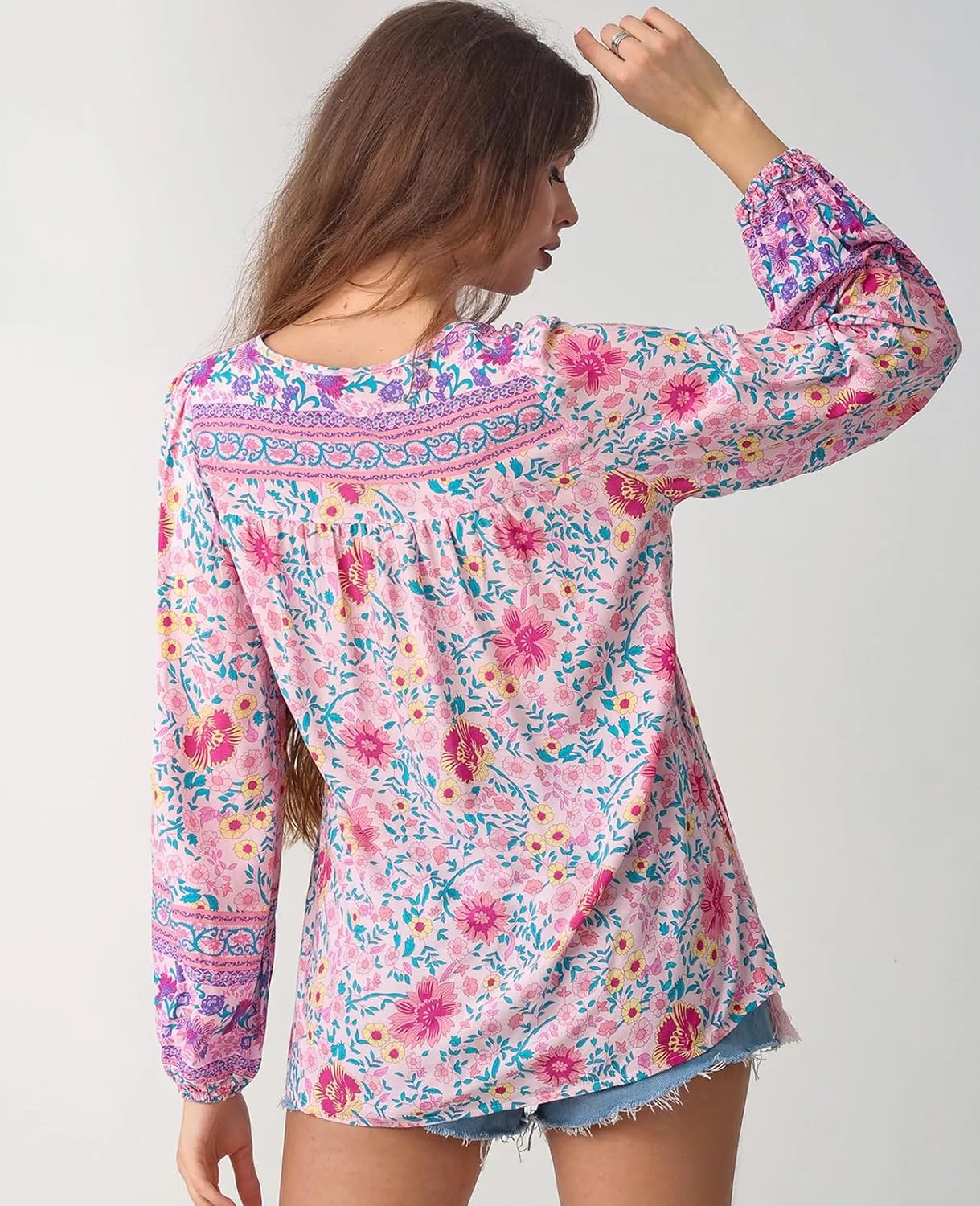 Women's Casual Floral Print V Neck Top Loose Boho Long Sleeve Beach Shirts Blouses