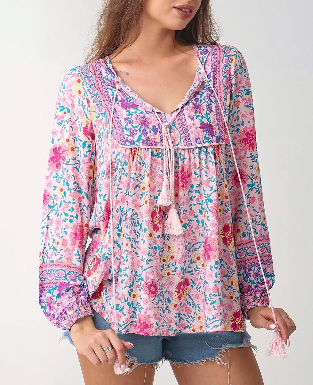 Women's Casual Floral Print V Neck Top Loose Boho Long Sleeve Beach Shirts Blouses