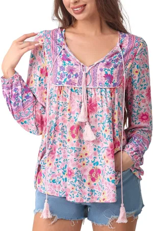 Women's Casual Floral Print V Neck Top Loose Boho Long Sleeve Beach Shirts Blouses