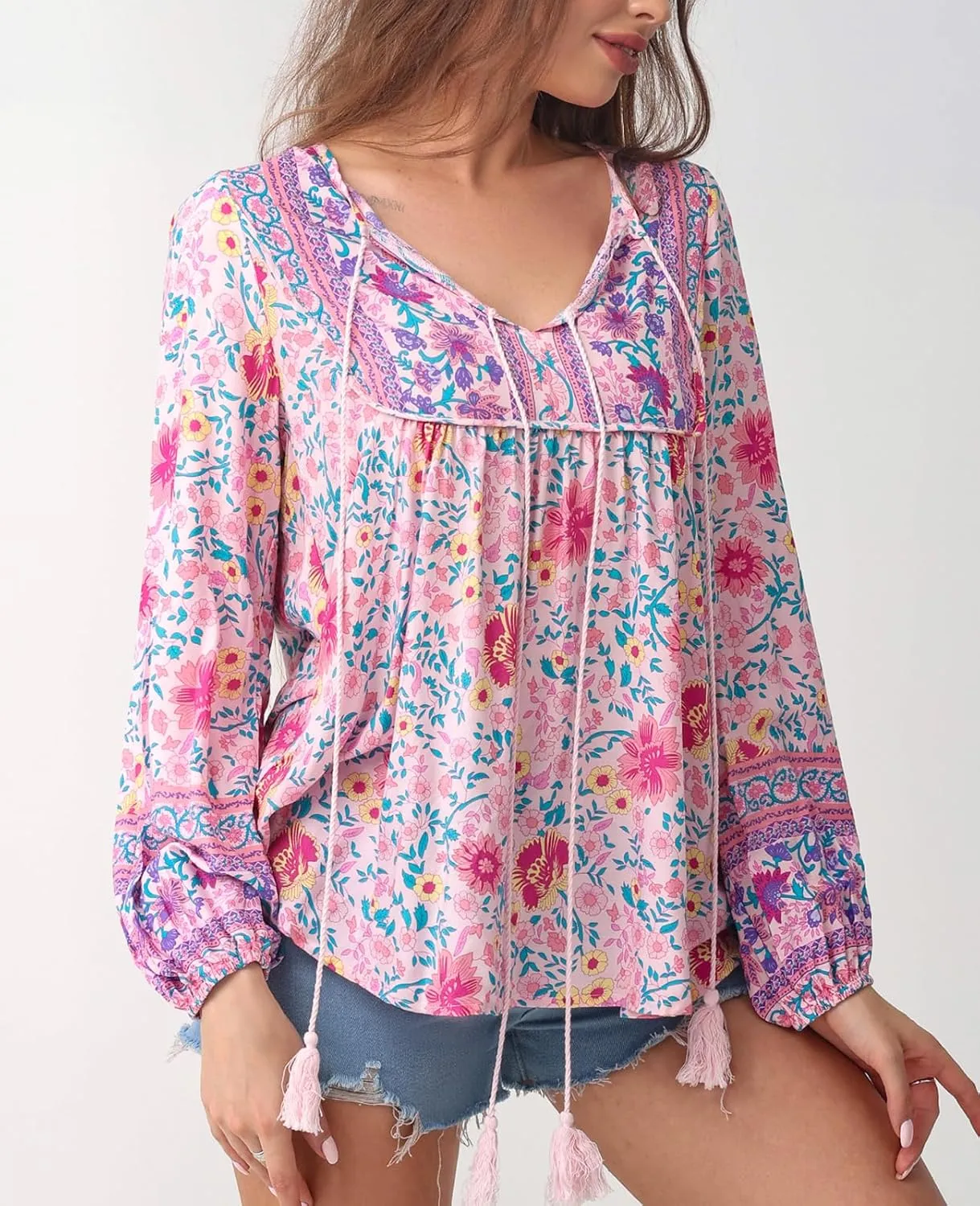 Women's Casual Floral Print V Neck Top Loose Boho Long Sleeve Beach Shirts Blouses
