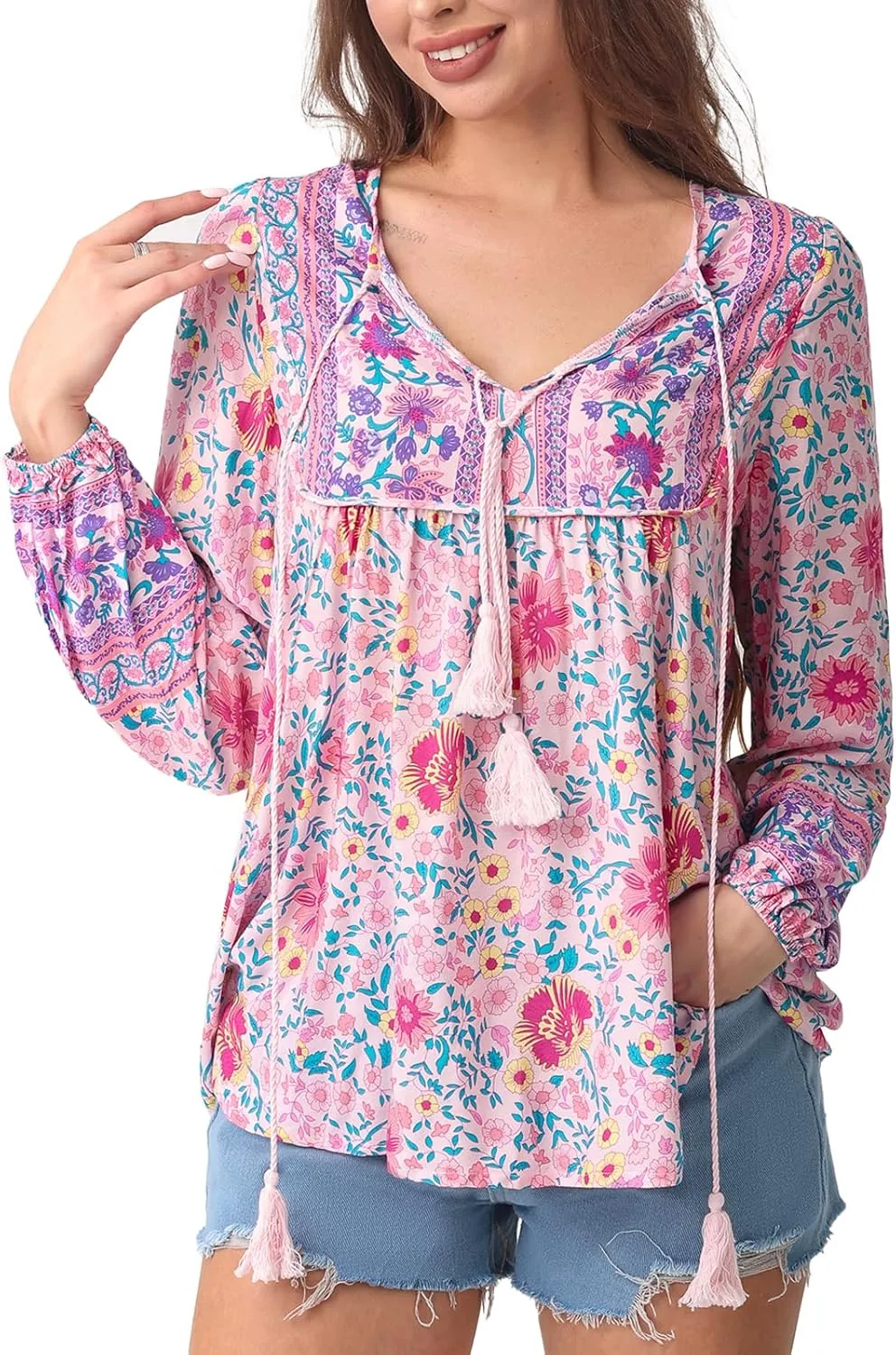 Women's Casual Floral Print V Neck Top Loose Boho Long Sleeve Beach Shirts Blouses
