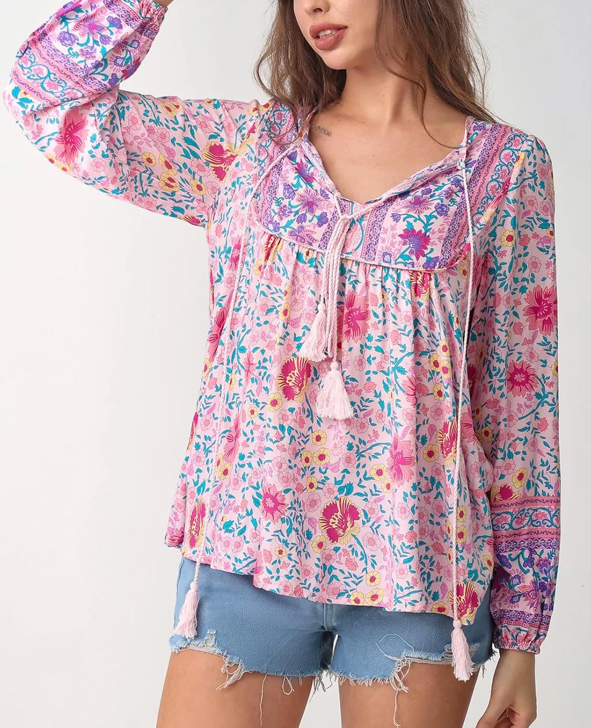 Women's Casual Floral Print V Neck Top Loose Boho Long Sleeve Beach Shirts Blouses
