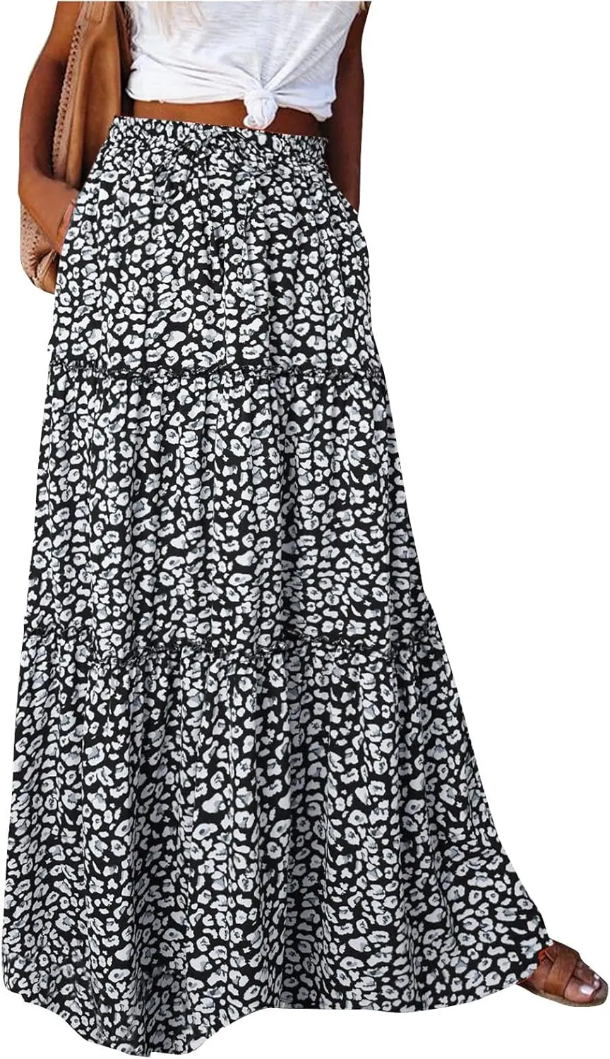 Womens Casual High Waist Tie Paisley Print Long Maxi Skirt with Pockets
