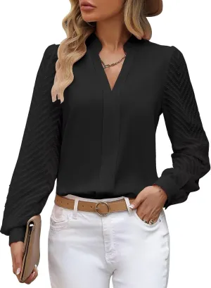 Womens Casual Sheer Long Sleeve V Neck Shirts Flowy Business Work Blouses,S-XXL