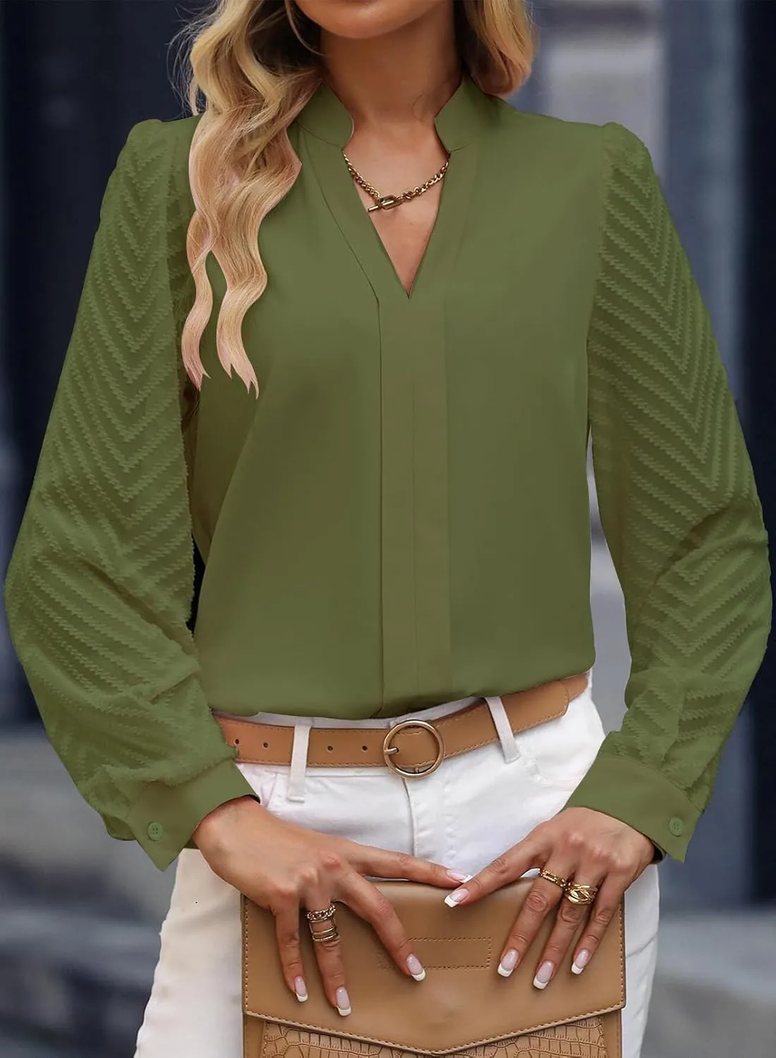 Womens Casual Sheer Long Sleeve V Neck Shirts Flowy Business Work Blouses,S-XXL