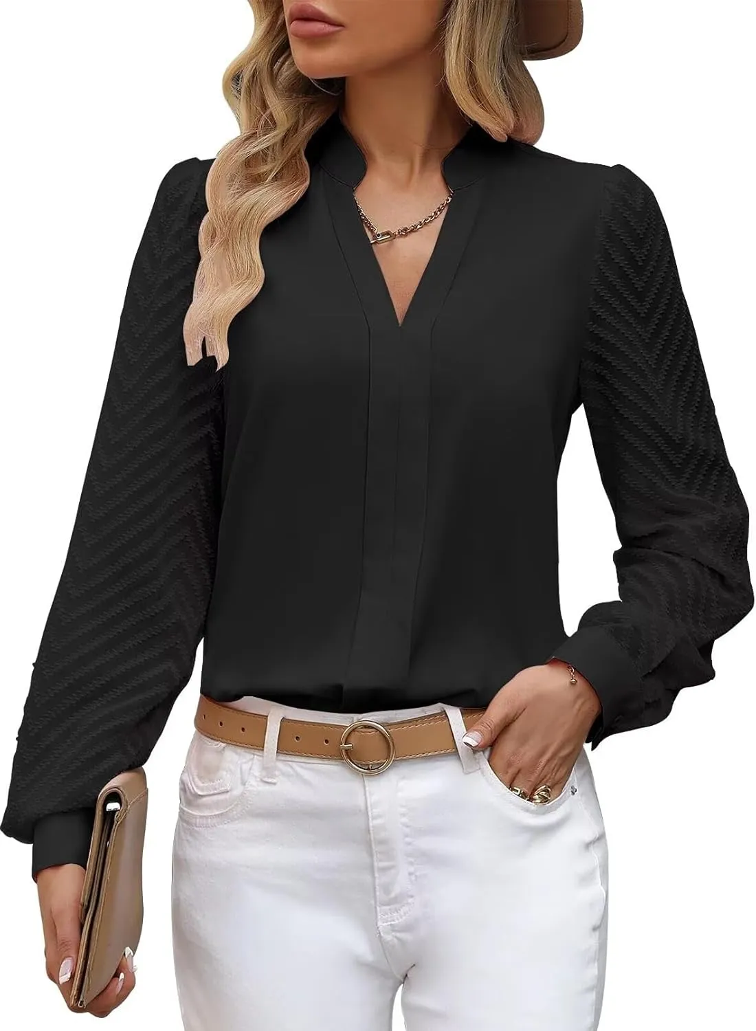 Womens Casual Sheer Long Sleeve V Neck Shirts Flowy Business Work Blouses,S-XXL