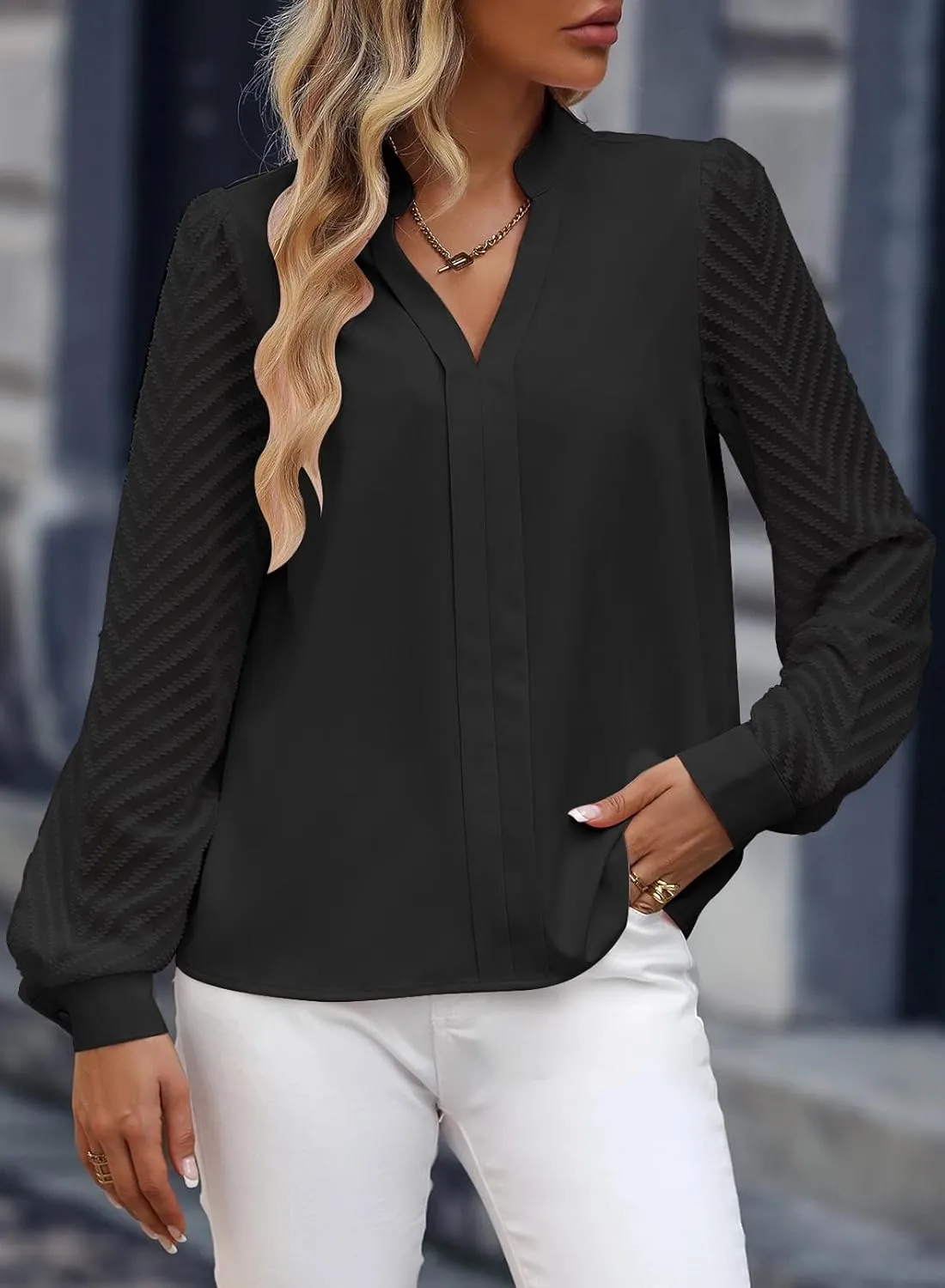 Womens Casual Sheer Long Sleeve V Neck Shirts Flowy Business Work Blouses,S-XXL
