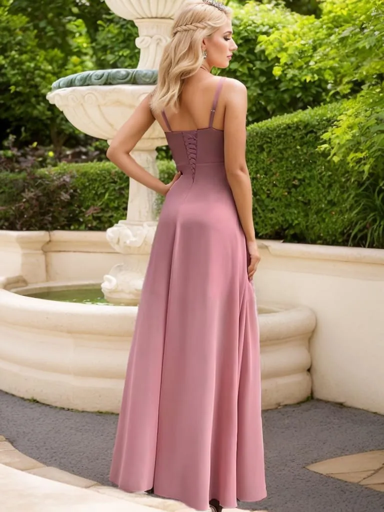 Women's Chiffon Bridesmaid Dresses for Wedding Long Spaghetti Straps Ruffle Formal Evening Dresses with Slit NO79