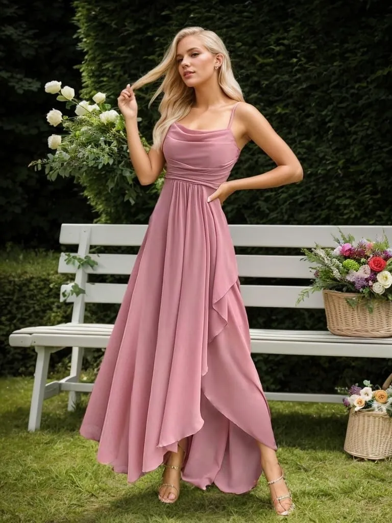 Women's Chiffon Bridesmaid Dresses for Wedding Long Spaghetti Straps Ruffle Formal Evening Dresses with Slit NO79