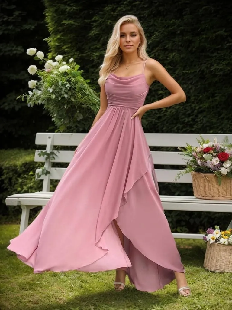 Women's Chiffon Bridesmaid Dresses for Wedding Long Spaghetti Straps Ruffle Formal Evening Dresses with Slit NO79