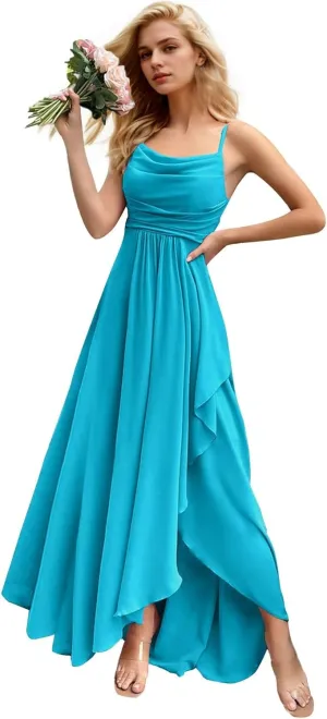 Women's Chiffon Bridesmaid Dresses for Wedding Long Spaghetti Straps Ruffle Formal Evening Dresses with Slit NO79