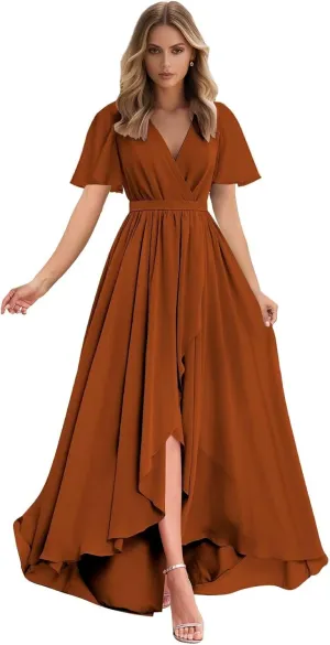 Women's Chiffon High Low Bridesmaid Dresses Ruffle Sleeve V Neck A Line Formal Evening Party Gowns