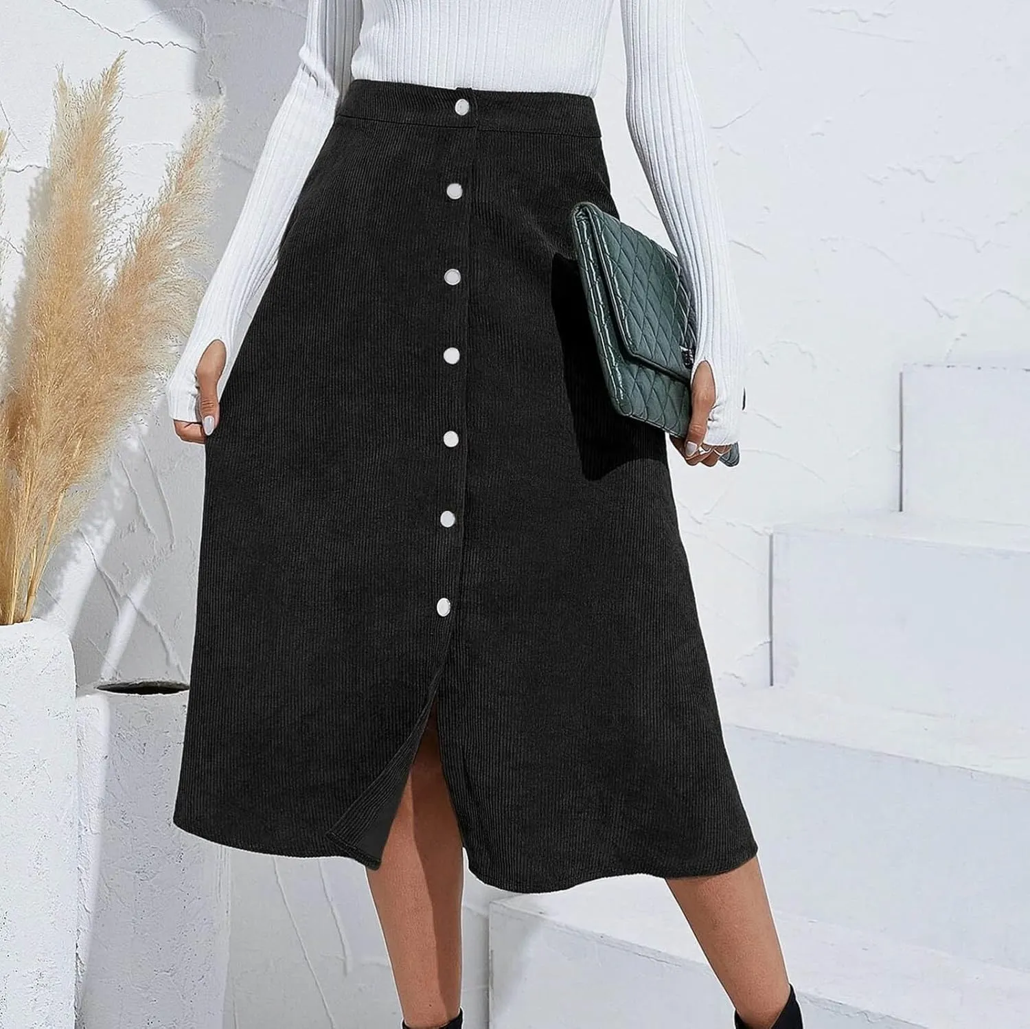 Womens Corduroy Midi Skirts Button Up High Waist A-Line Basic Solid Color Business Casual Slim Fit Winter Skirts