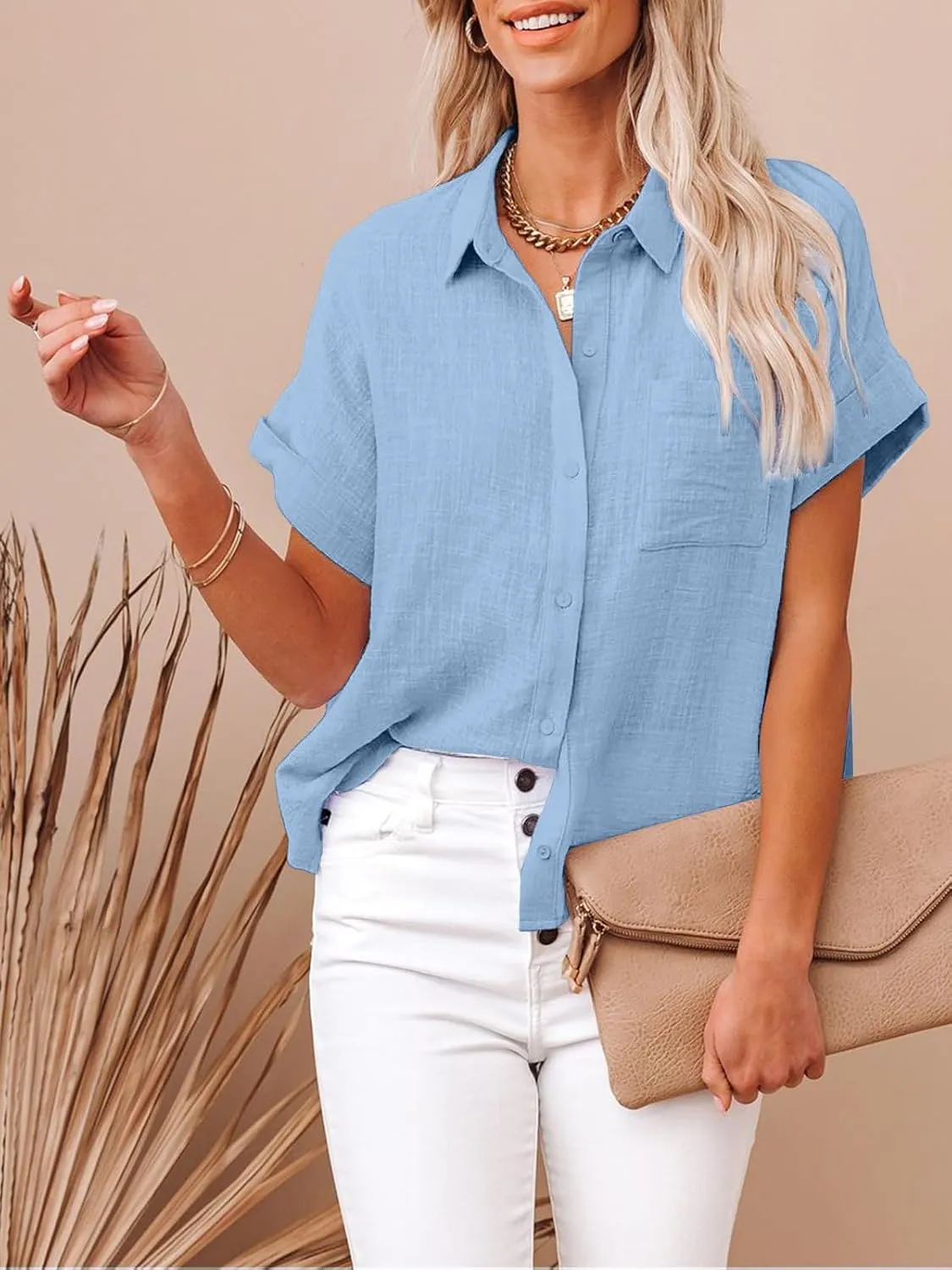 Womens Cotton Linen Button Down Shirts Short Sleeve Dress Shirts Casual Summer Tops Blouses with Pockets