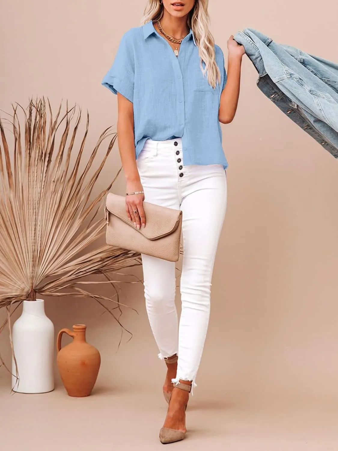 Womens Cotton Linen Button Down Shirts Short Sleeve Dress Shirts Casual Summer Tops Blouses with Pockets