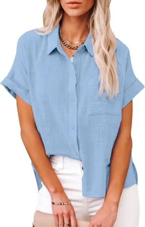 Womens Cotton Linen Button Down Shirts Short Sleeve Dress Shirts Casual Summer Tops Blouses with Pockets