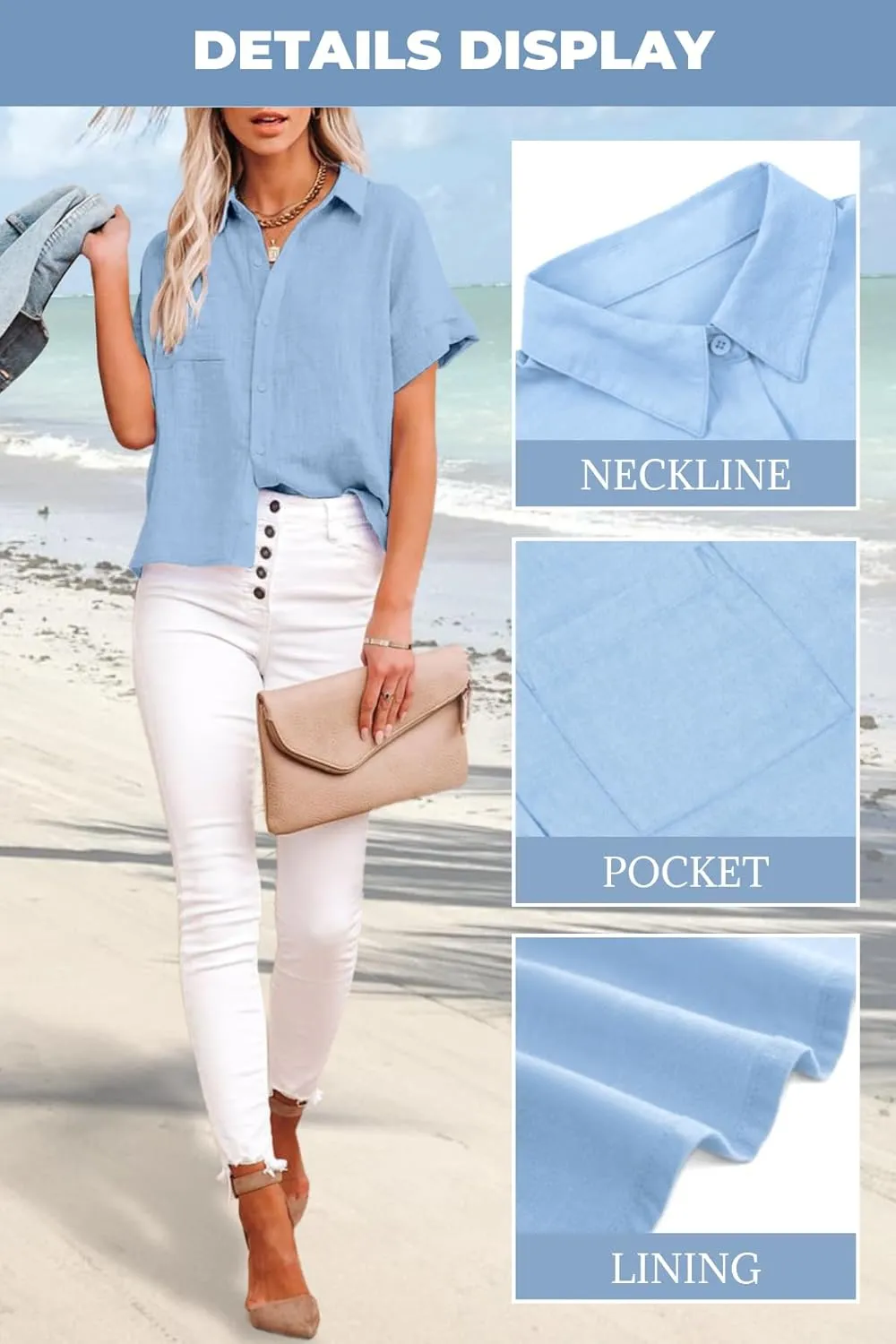 Womens Cotton Linen Button Down Shirts Short Sleeve Dress Shirts Casual Summer Tops Blouses with Pockets