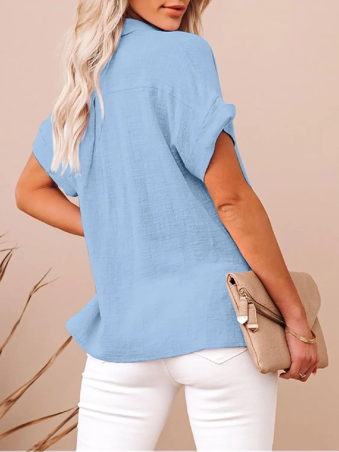 Womens Cotton Linen Button Down Shirts Short Sleeve Dress Shirts Casual Summer Tops Blouses with Pockets