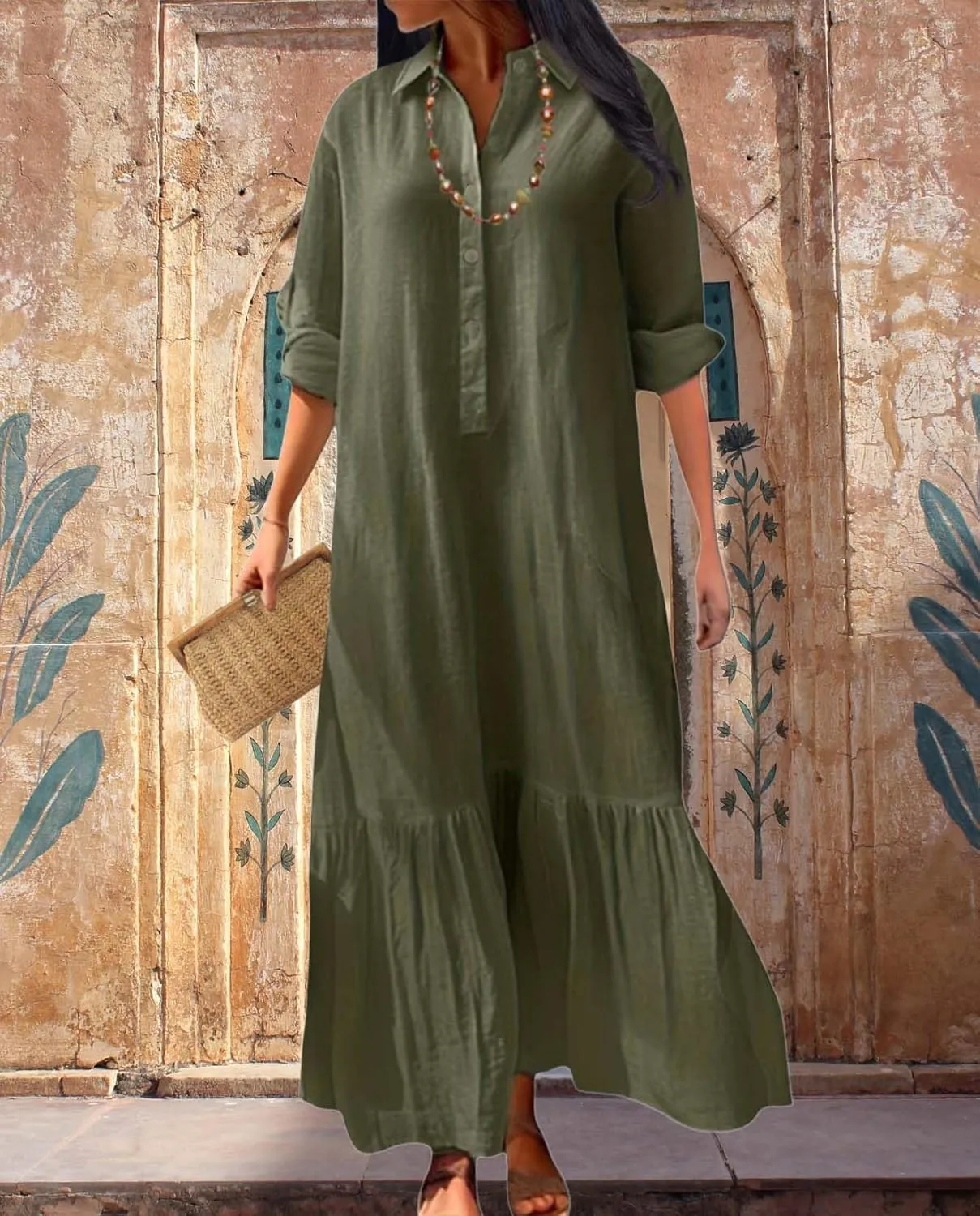 Womens Cotton Linen Dress Lapel Collared Long Sleeve Flowy Hemline Shirt Dresses Casual Loose Summer Ankle Skirts