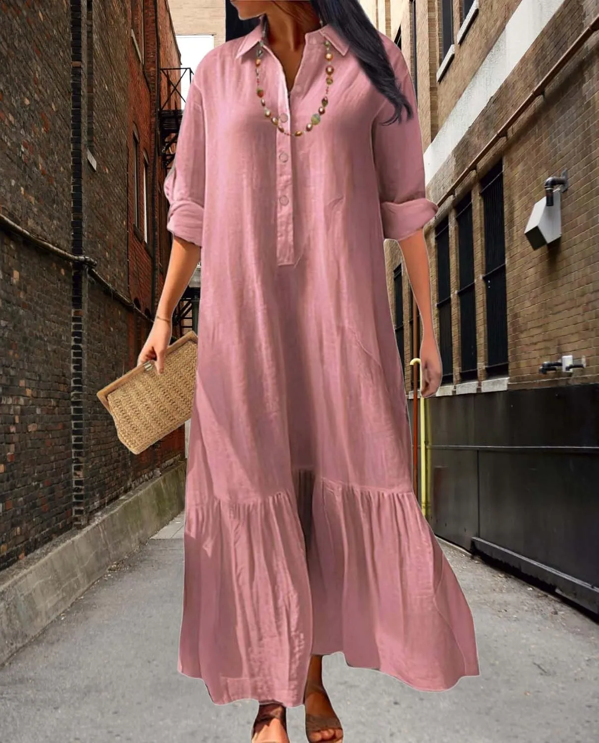 Womens Cotton Linen Dress Lapel Collared Long Sleeve Flowy Hemline Shirt Dresses Casual Loose Summer Ankle Skirts