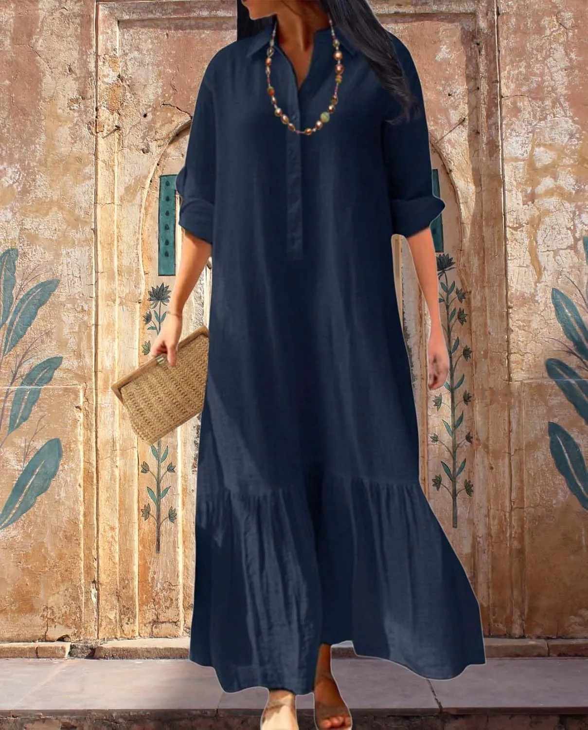 Womens Cotton Linen Dress Lapel Collared Long Sleeve Flowy Hemline Shirt Dresses Casual Loose Summer Ankle Skirts